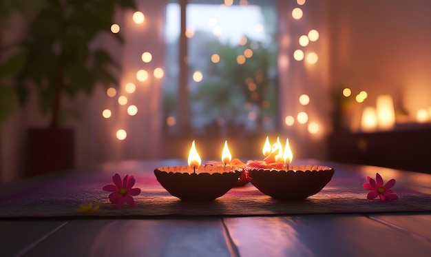 Row of dia oil lamps traditionally placed on the doorstep of an Indian house for Diwali