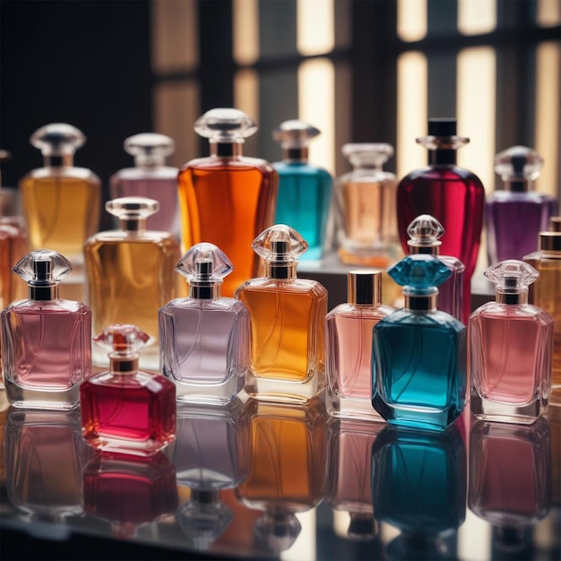 a row of different colored bottles of perfume are on a table