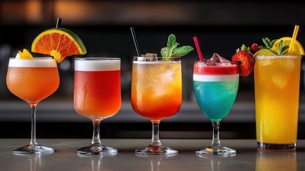 Photo a row of different colored cocktails in glasses ai