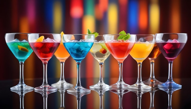 a row of different colored cocktails with different colors and fruits in them