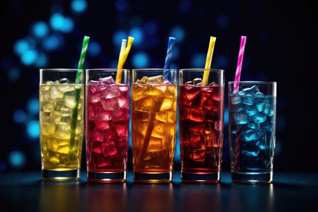 a row of different colored drinks with straws in them dark blue blured background ai generative