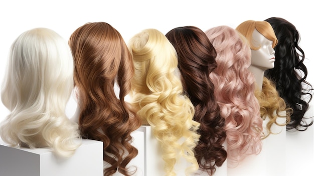 a row of different colored wig extensions on white background