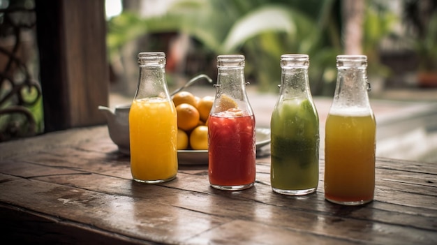 A row of different drinks on a table