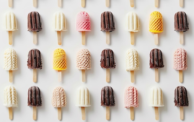 a row of different ice creams are lined up on sticks