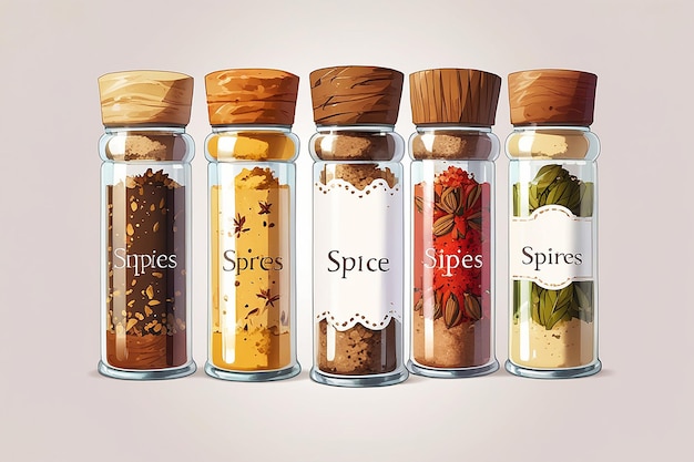 Photo a row of different spices powder in glass jar on transparent background