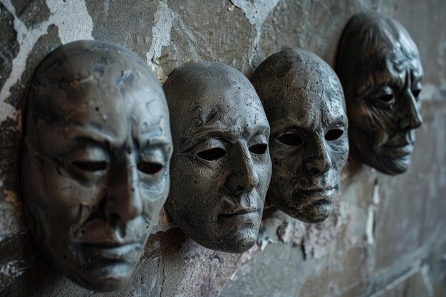 Photo row of disturbing stone masks hanging on a textured wall