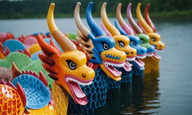 A row of dragon boats on the water surface for dragon boat festival