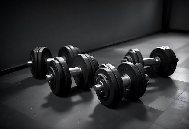 a row of dumbbells are lined up on a tiled floor