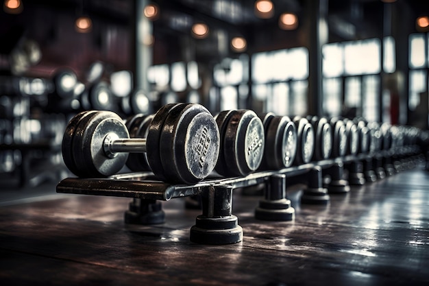 A row of dumbbells in a gym