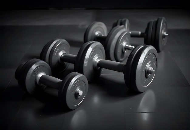 a row of dumbbells laying on a black surface