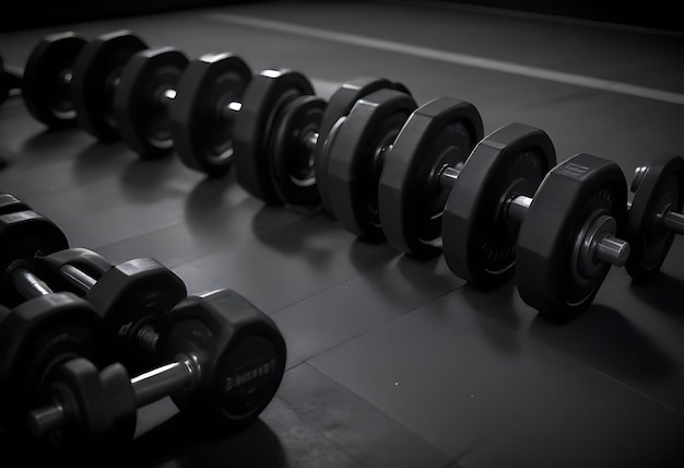 a row of dumbbells that are lined up in a row