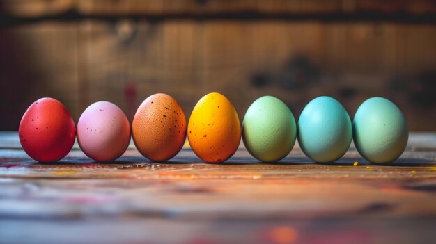 A row of eggs with different colored ones in front of them