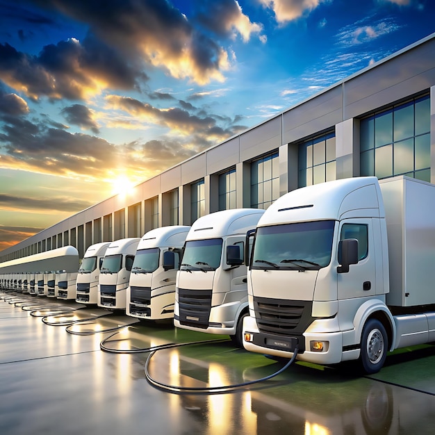 A row of electric trucks charging at an industrial nice backgroundAI generator