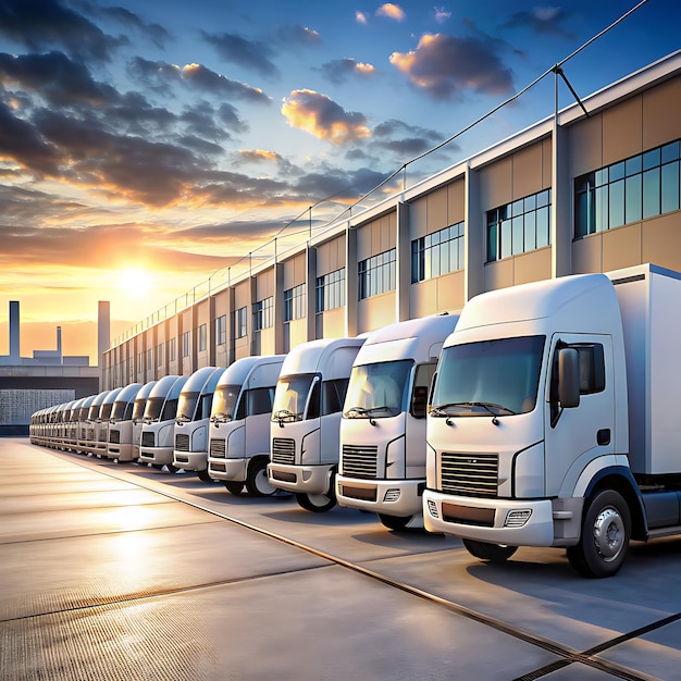 A row of electric trucks charging at an industrial nice backgroundAI generator