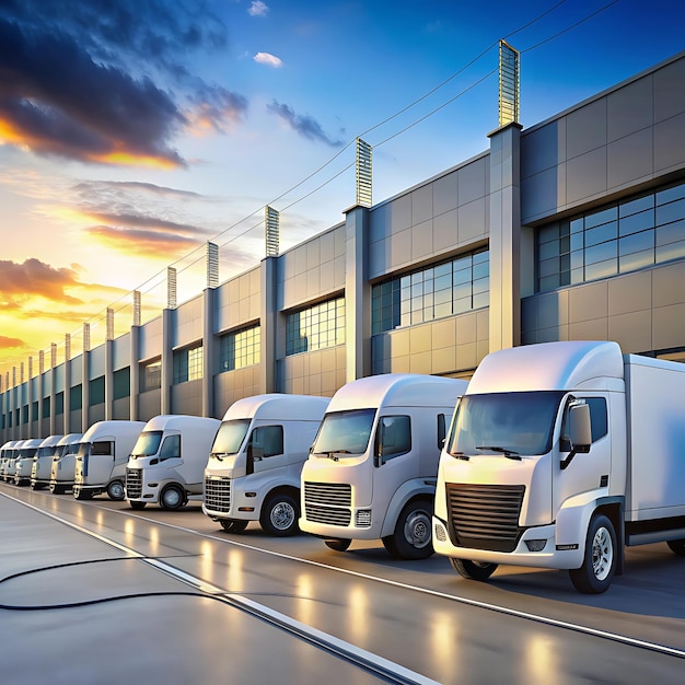 A row of electric trucks charging at an industrial nice backgroundAI generator