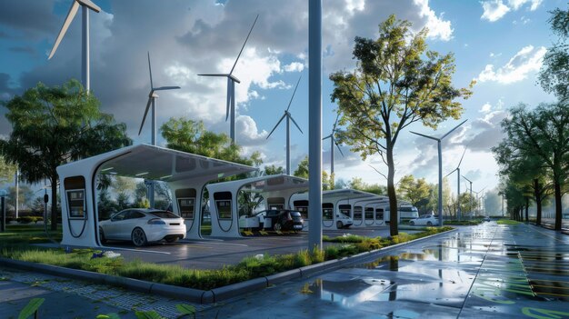 A row of electric vehicle charging stations under a canopy surrounded by trees and wind turbines the