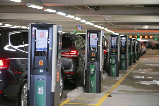 Photo a row of electric vehicles are plugged in and charging in a modern parking garage highlighting the growing trend of sustainable transportation