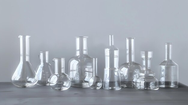 A row of empty glass bottles and beakers on a gray surface