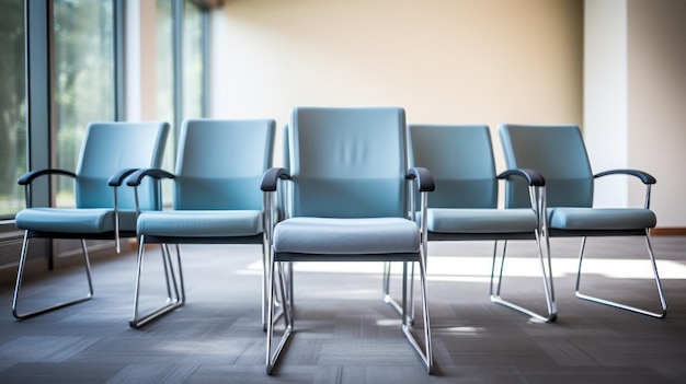 A row of empty office chairs in a contemporary meeting room