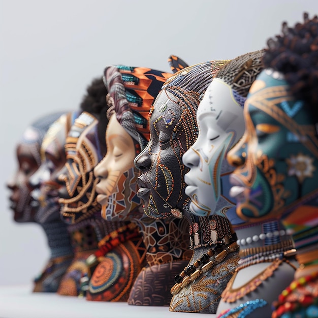 Photo a row of face masks with the face of the woman on the left