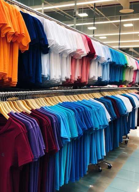 Row of fashionable polo tshirts for man on wooden hanger or rack in a clothing boutique retail shop