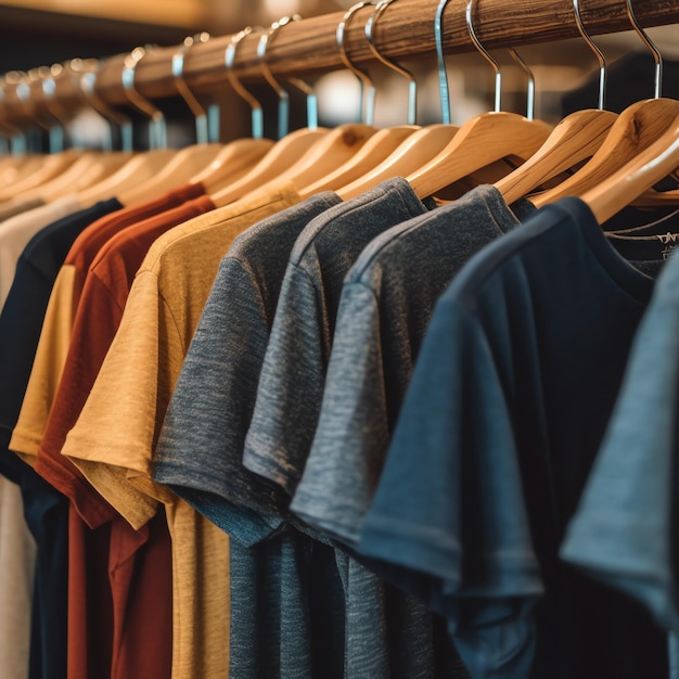 Row of fashionable polo tshirts for man on wooden hanger or rack in a clothing boutique retail shop