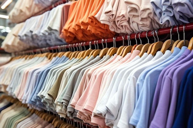 Row of fashionable polo tshirts for man on wooden hanger or rack in a clothing boutique retail shop