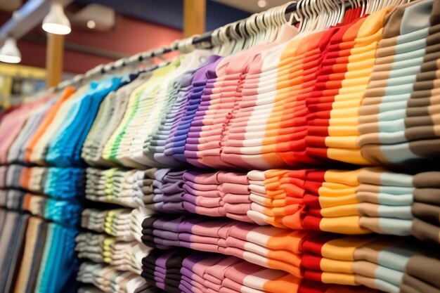 Row of fashionable polo tshirts for man on wooden hanger or rack in a clothing boutique retail shop