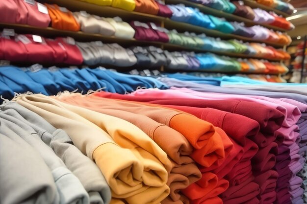 Row of fashionable polo tshirts for man on wooden hanger or rack in a clothing boutique retail shop