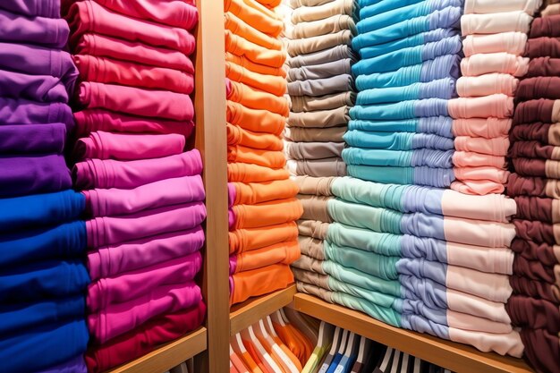 Row of fashionable polo tshirts for man on wooden hanger or rack in a clothing boutique retail shop