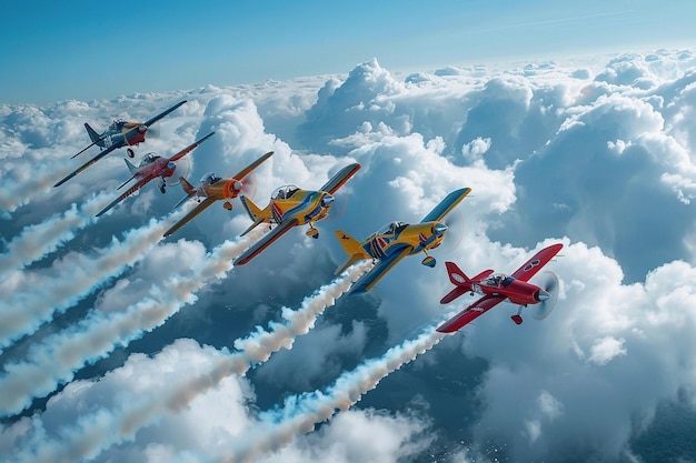 Photo a row of fighter jets flying in the sky with smoke coming out of them