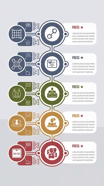 Row of five connected circles with icons and place for text flat business infographic template ve