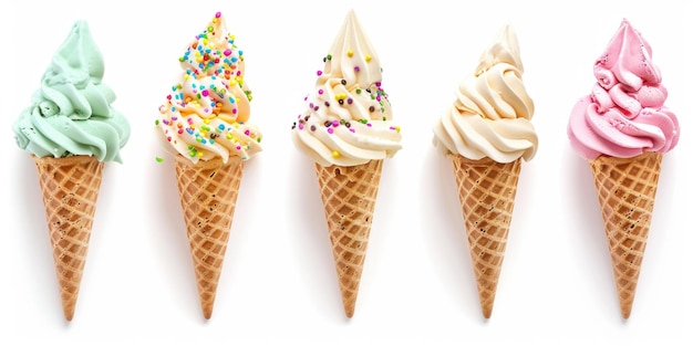 Photo a row of five ice cream cones with different flavors and toppings