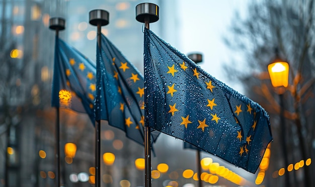 Photo a row of flags with yellow stars and the word  european  on them