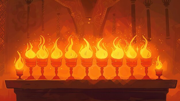 Photo a row of flaming torches casts a warm glow in an ornate room