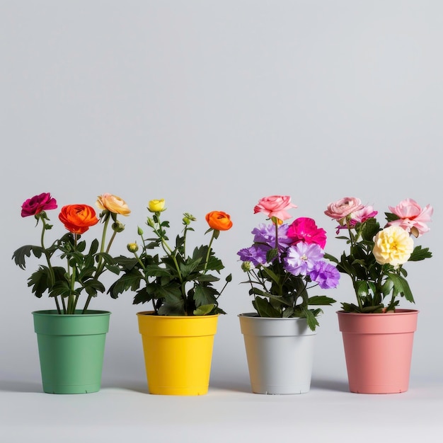 a row of flower pots with different colored flowers in them