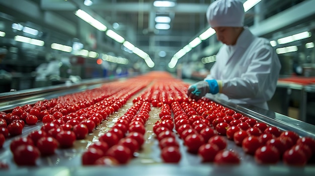 Row of foods on conveyor belt close up food and drink production