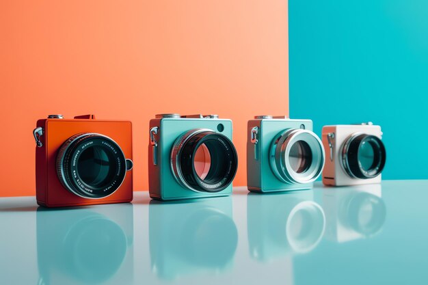 A row of four cameras are lined up against a colorful background.