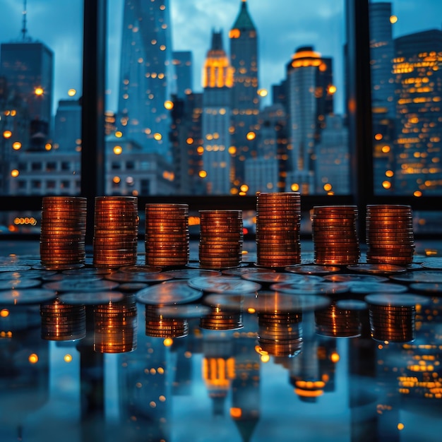 Photo a row of four coins are on a window sill with a city skyline in the background