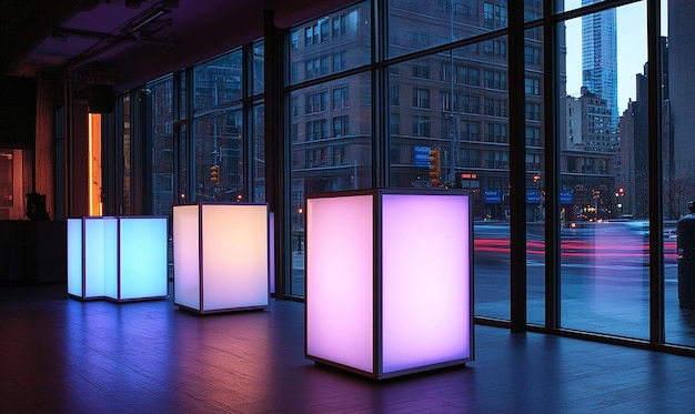 Photo a row of four cubes with a purple and white light on the bottom