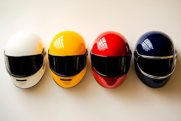 Photo a row of four different colored helmets lined up in a row an white background