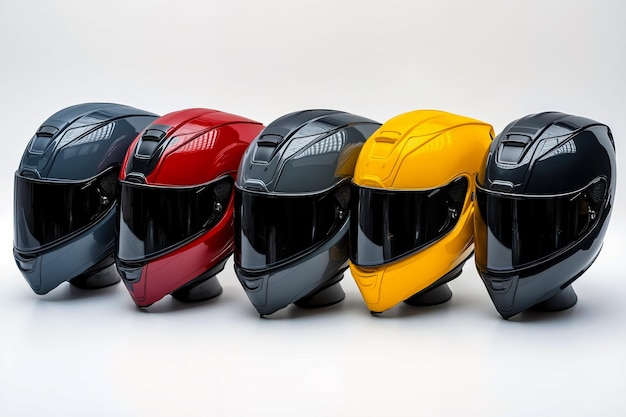 Photo a row of four different colored helmets lined up in a row