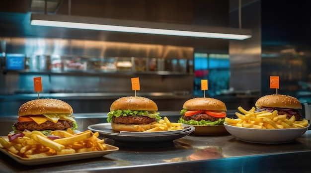 A row of four hamburgers in a restaurant kitchen Nutritional Awareness