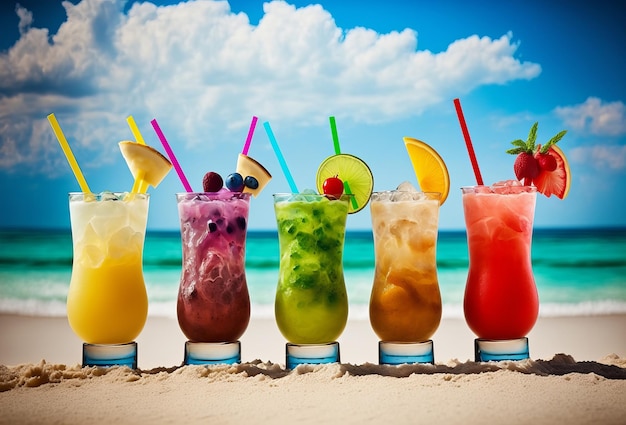 Row of fresh summer cocktails on a tropical beach Generative ai