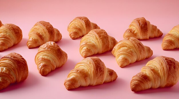 A Row of Freshly Baked Croissants on a Pink Background