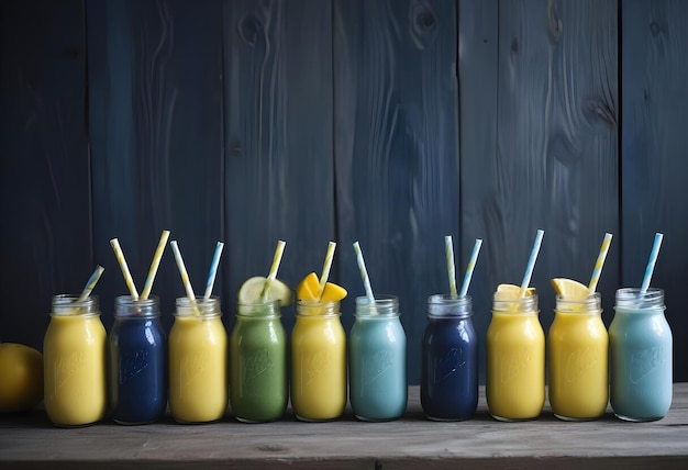 Photo row of fruit smoothies in a glasses