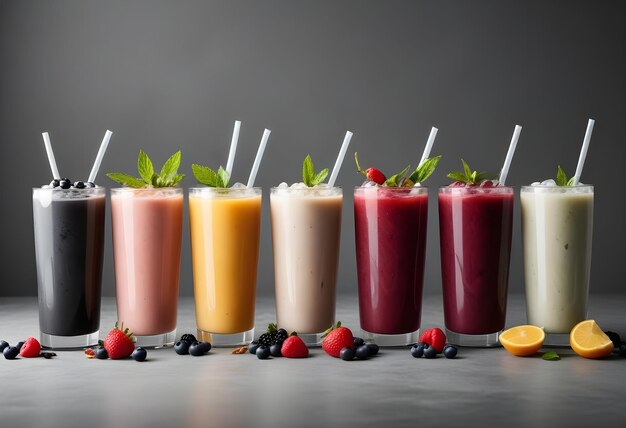 Photo row of fruit smoothies in a glasses