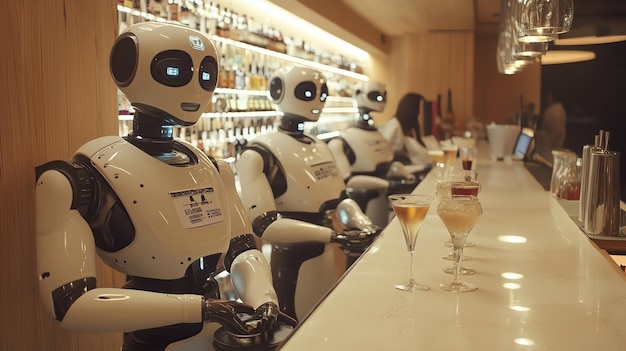 Row of futuristic robots serving cocktails in a modern bar