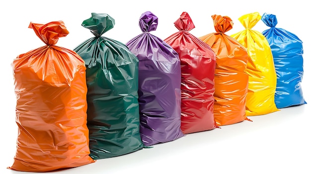 A row of garbage bags in different colors and sizes isolated on white background