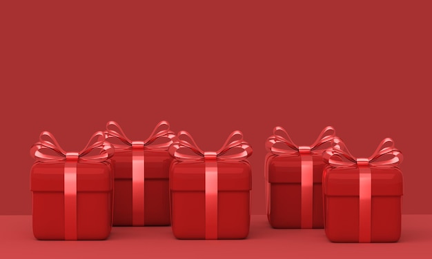 Row of the gifts on red background. 3d rendering